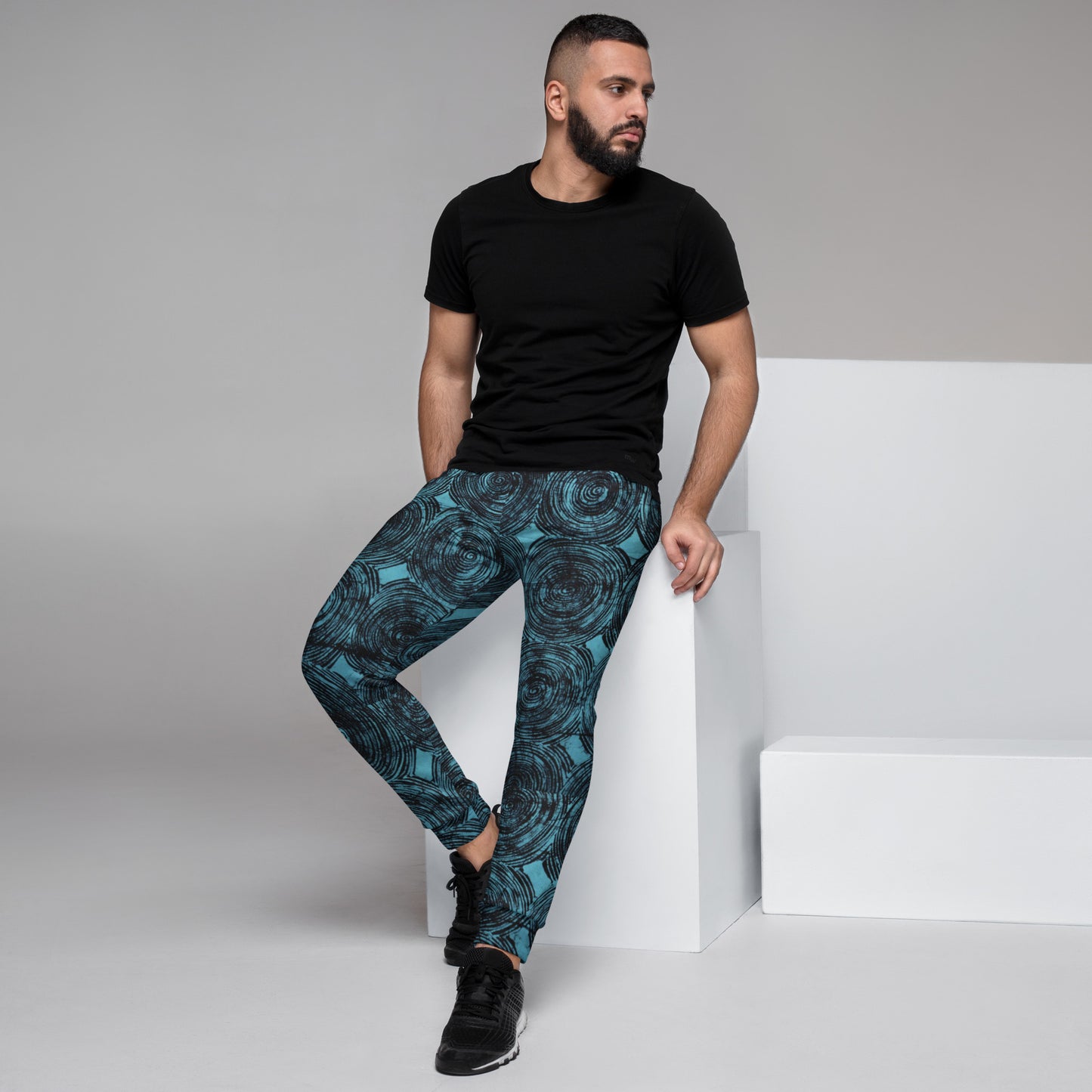 Turquoise And Black Swirl Adire Men's Joggers