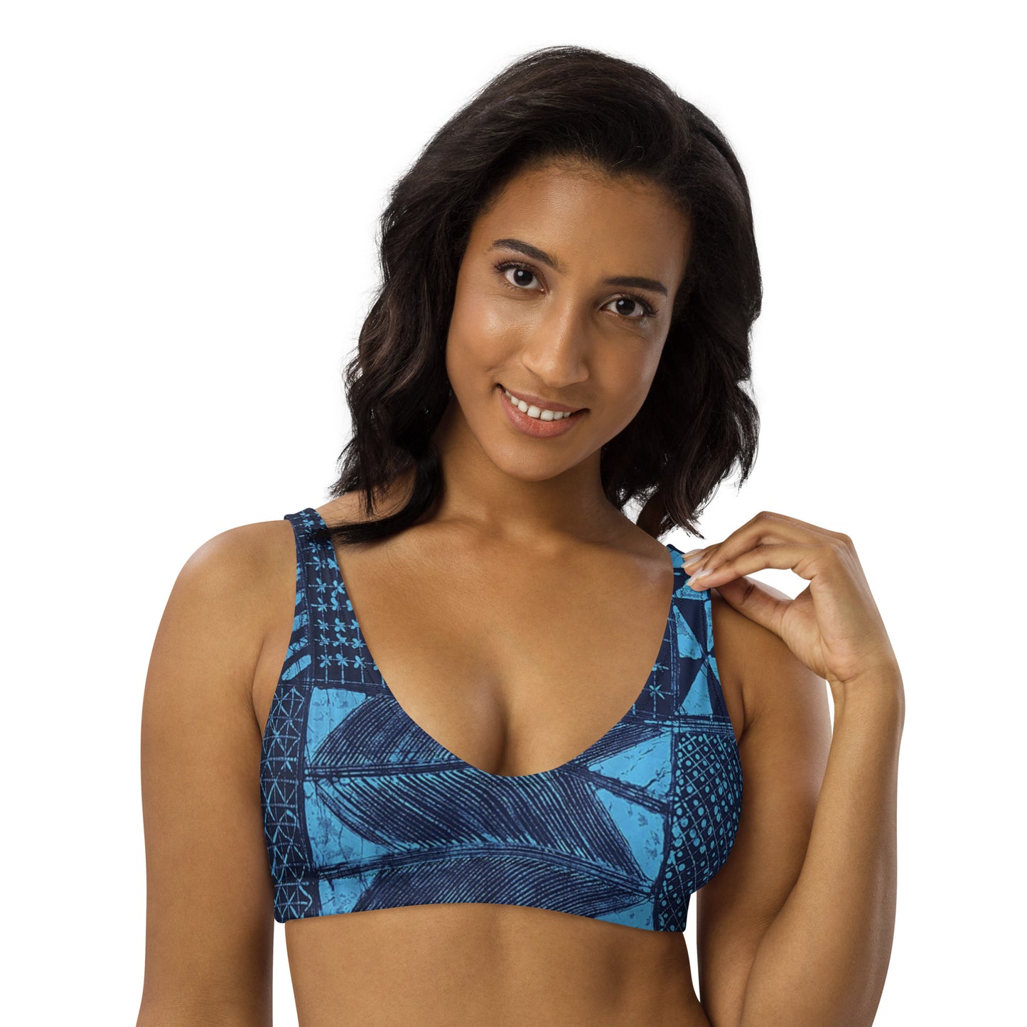 Black And Turquoise Shapes Adire Padded Bikini Top