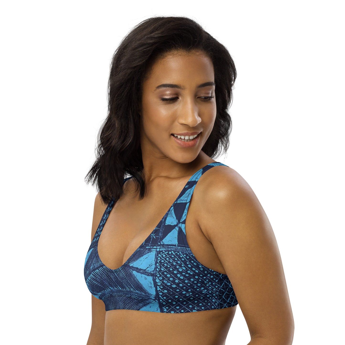 Black And Turquoise Shapes Adire Padded Bikini Top