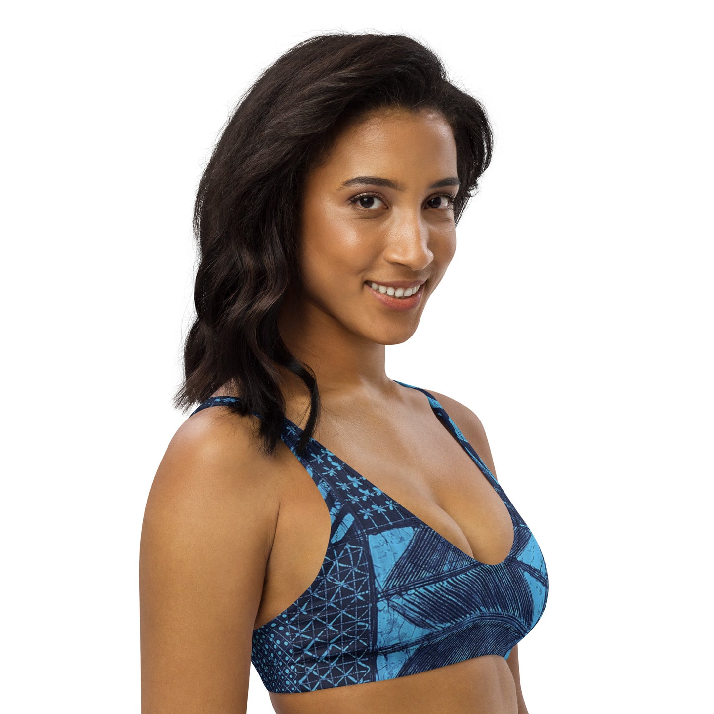 Black And Turquoise Shapes Adire Padded Bikini Top