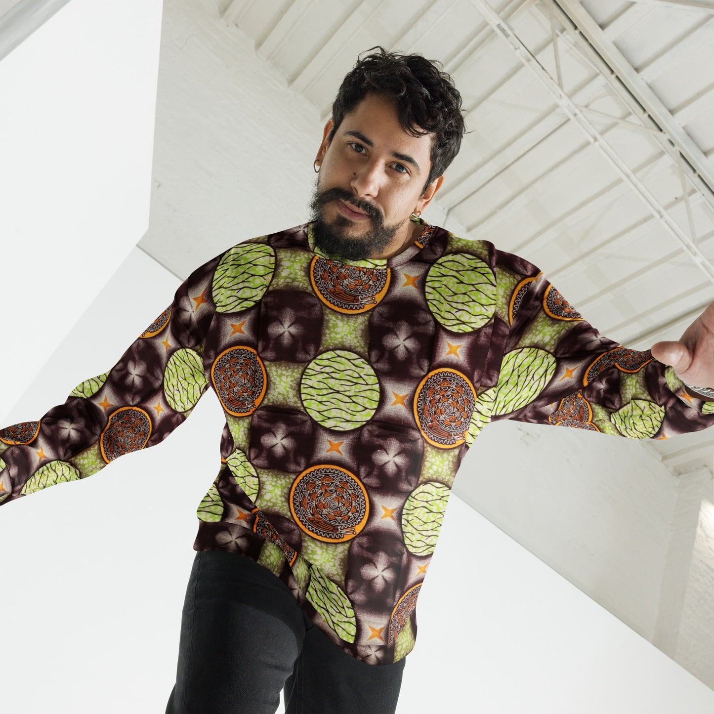 Lime Green On Brown Ankara Unisex Sweatshirt