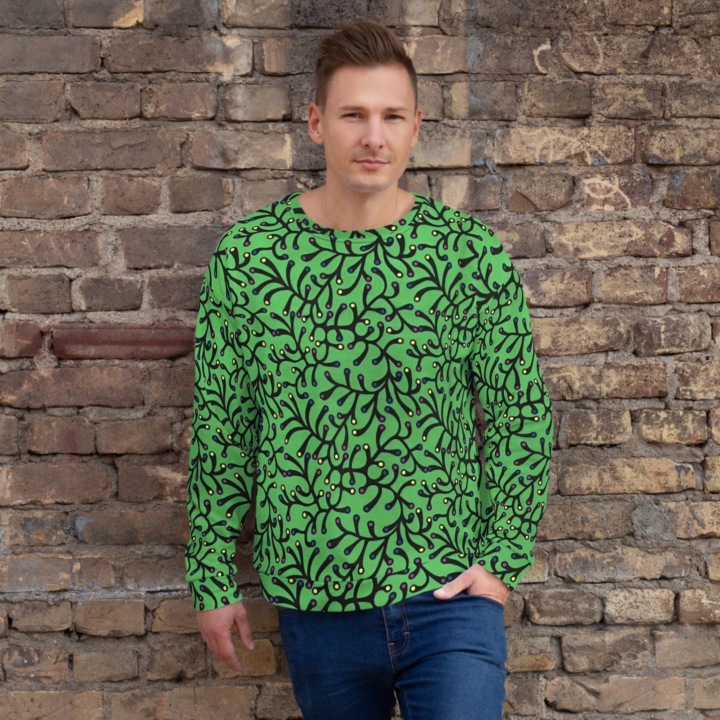 Vibrant Green And Yellow Polka Dots Ankara Unisex Sweatshirt