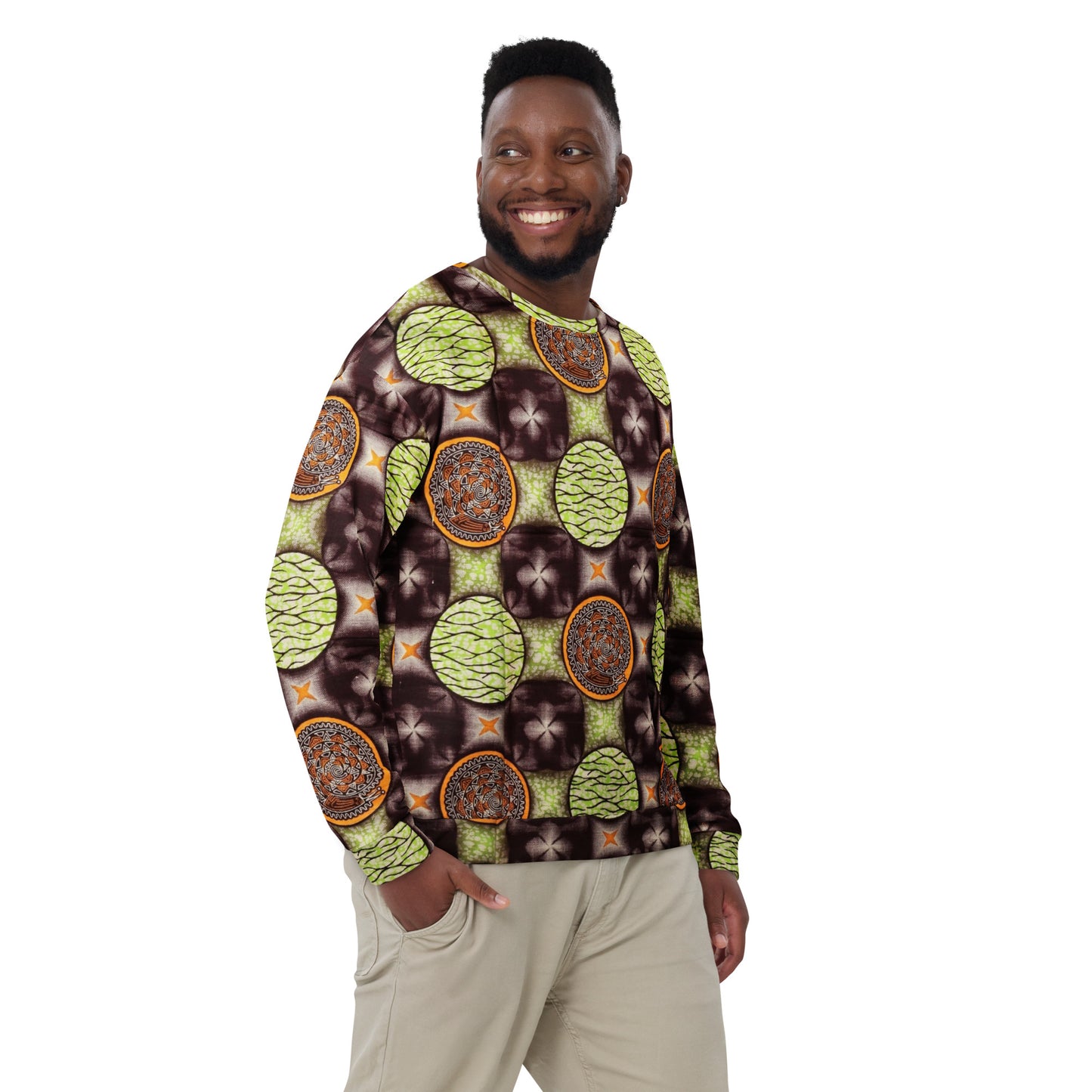 Lime Green On Brown Ankara Unisex Sweatshirt