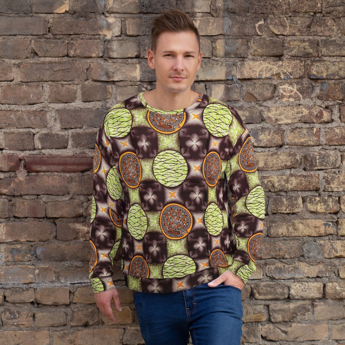 Lime Green On Brown Ankara Unisex Sweatshirt