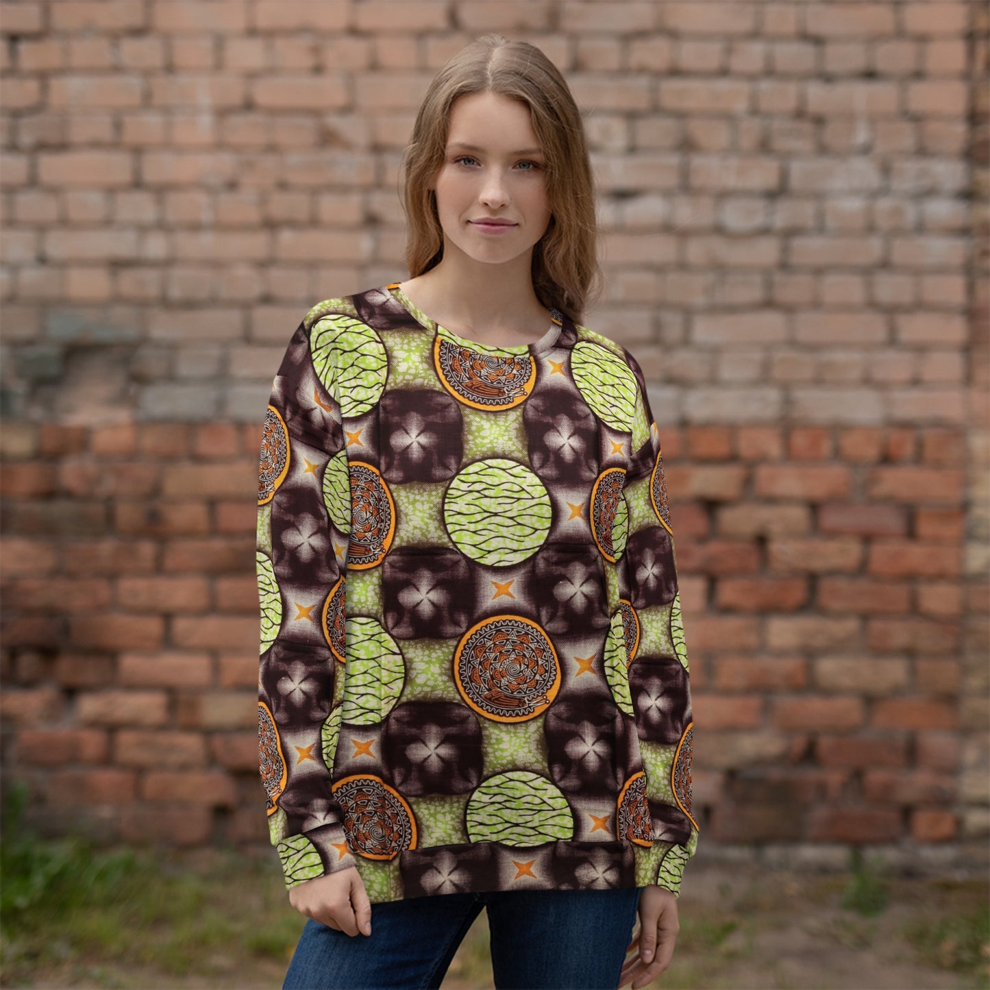 Lime Green On Brown Ankara Unisex Sweatshirt