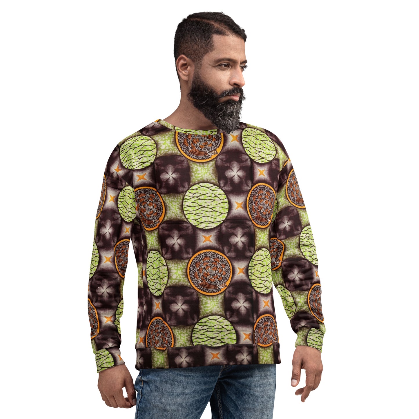 Lime Green On Brown Ankara Unisex Sweatshirt