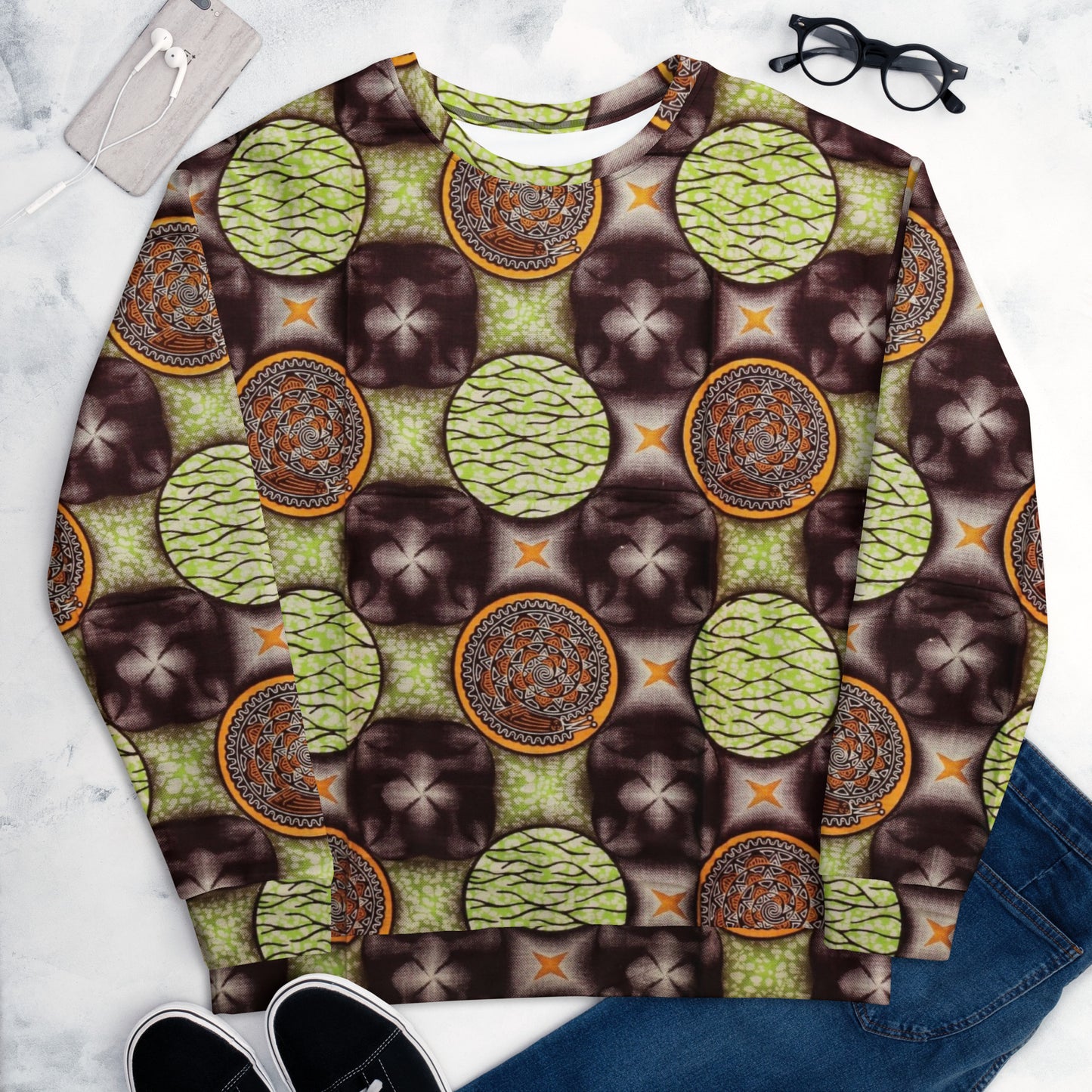 Lime Green On Brown Ankara Unisex Sweatshirt