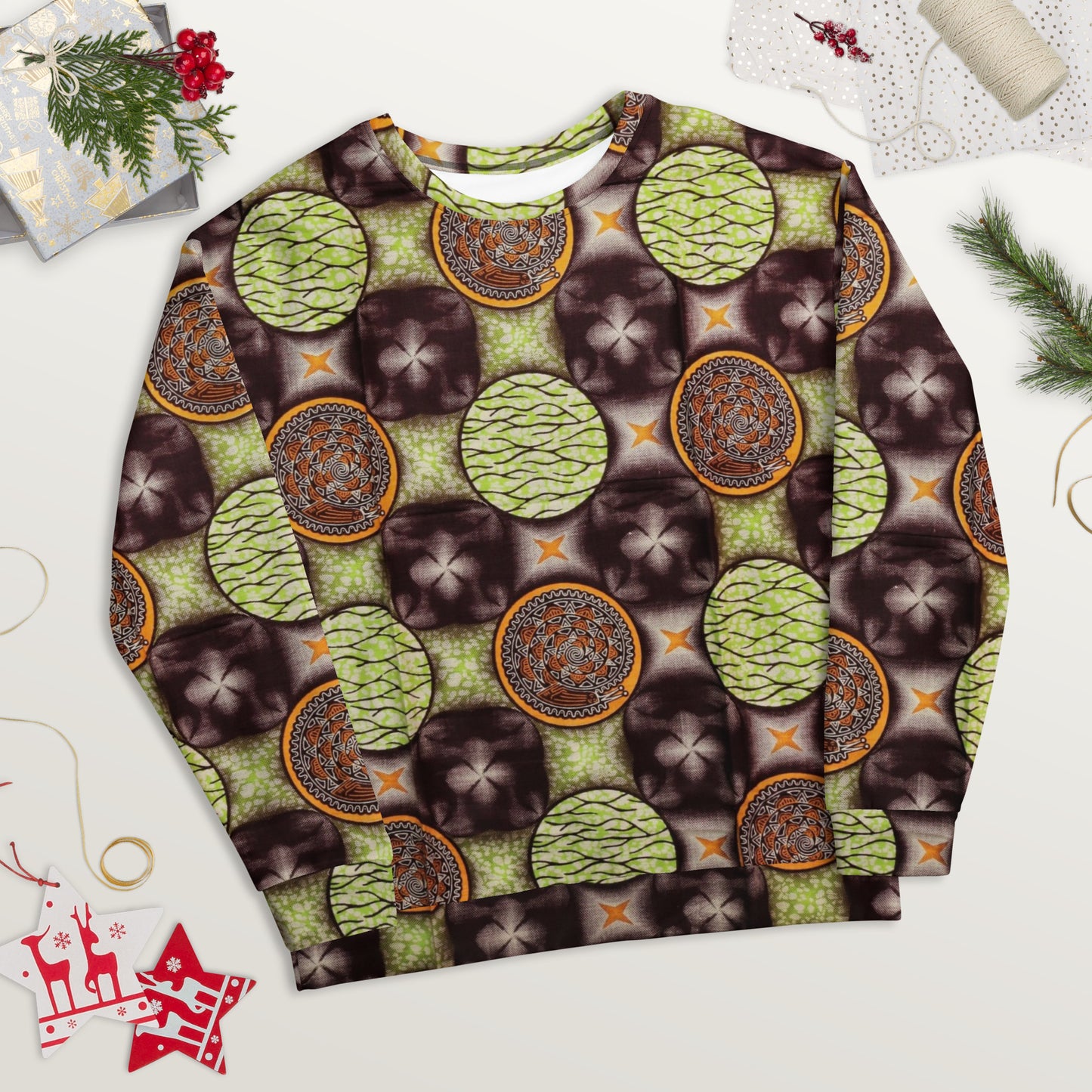 Lime Green On Brown Ankara Unisex Sweatshirt