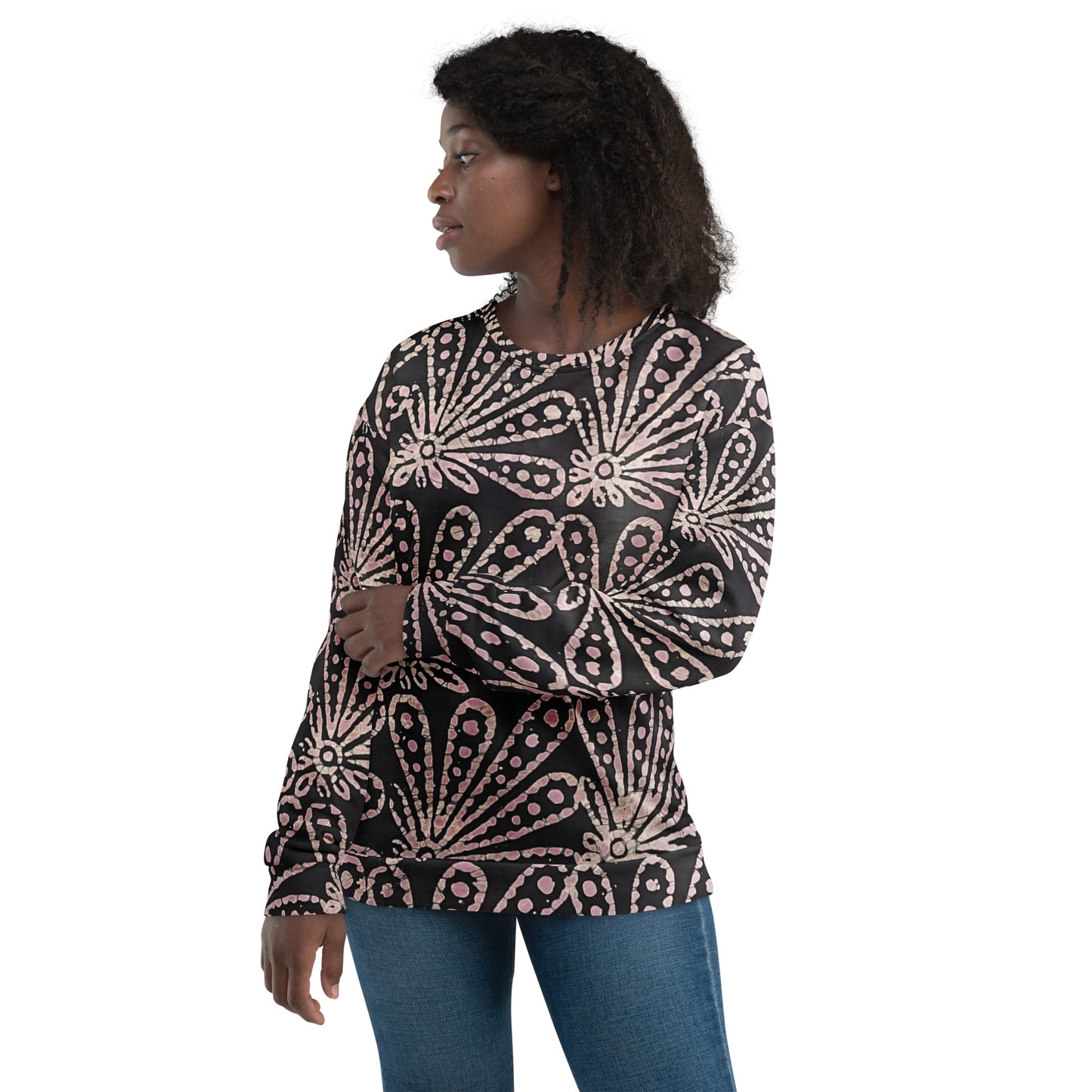 Brown Pale Pink Floral Pattern Adire Unisex Sweatshirt