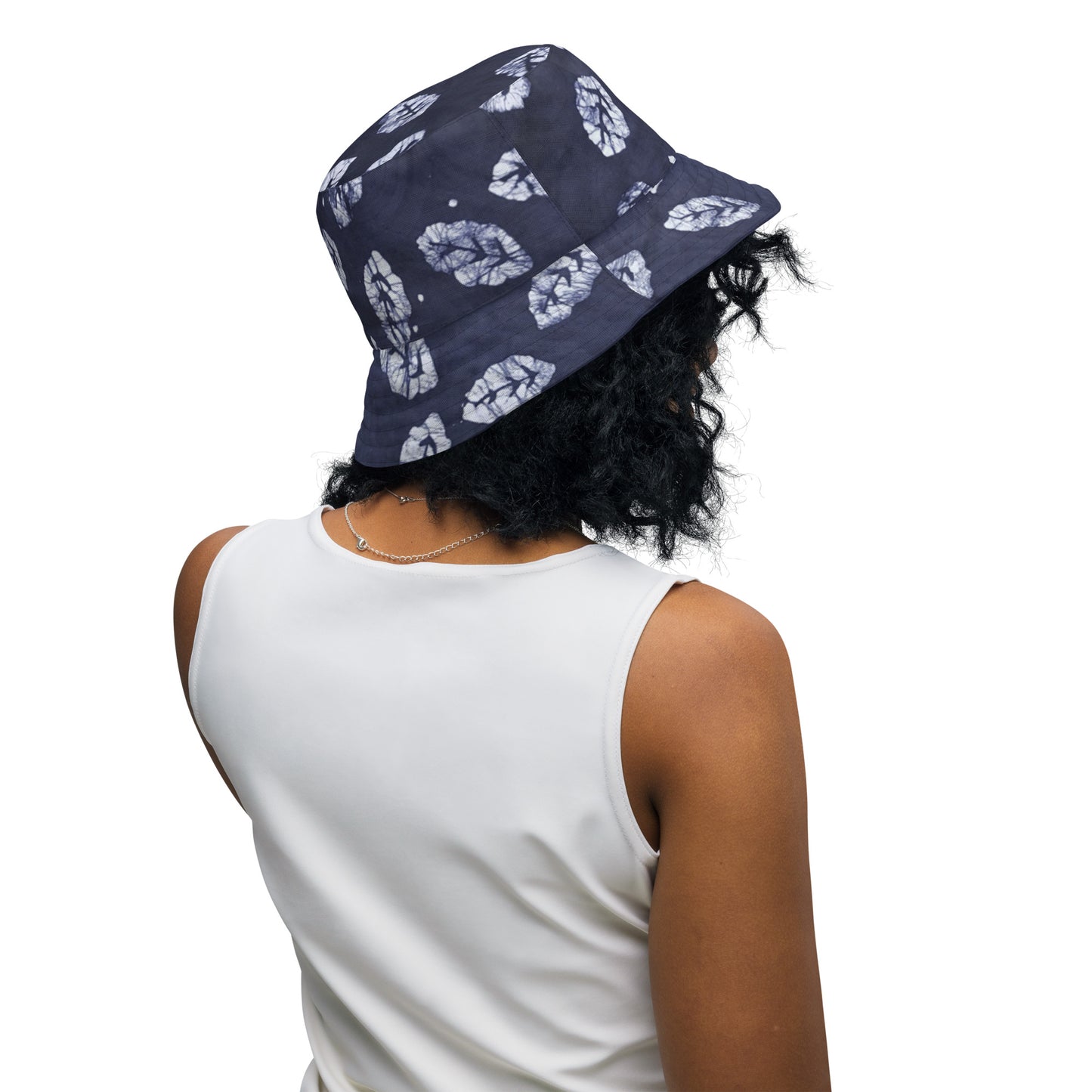 Indigo Adire Leaf Reversible Bucket Hat