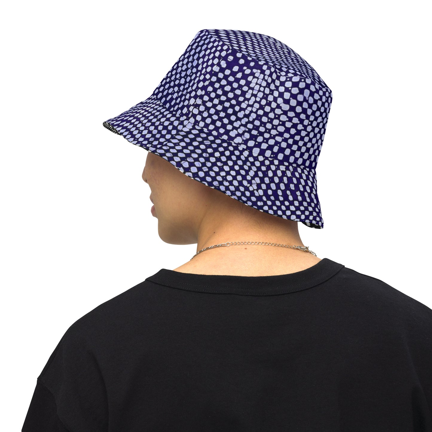 Black White Purple Polka Dot Adire Reversible Bucket Hat