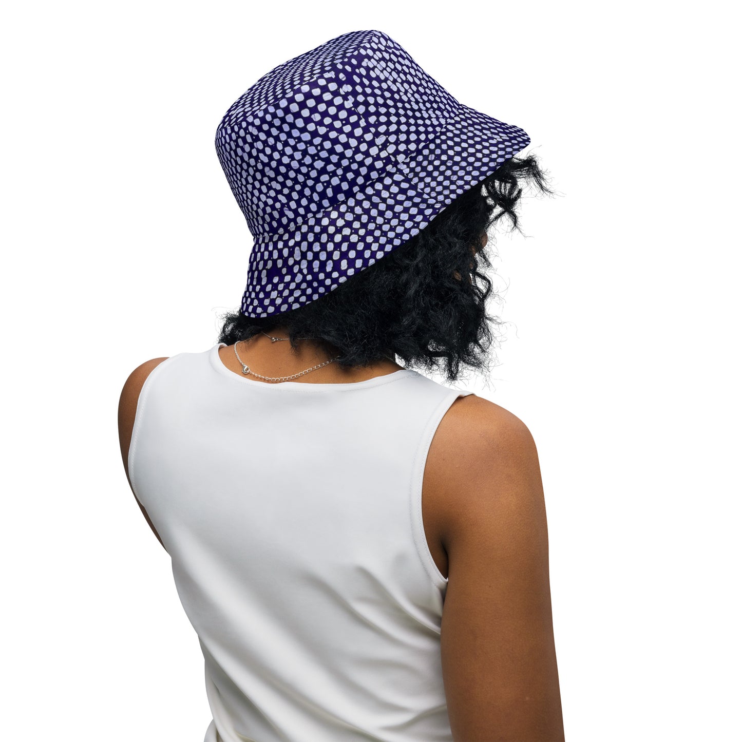 Black White Purple Polka Dot Adire Reversible Bucket Hat