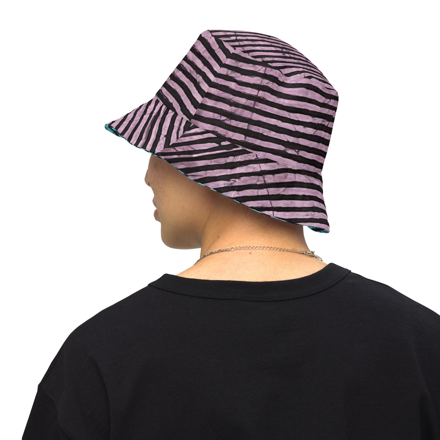 Aqua Pink Stripe Adire Reversible Bucket Hat