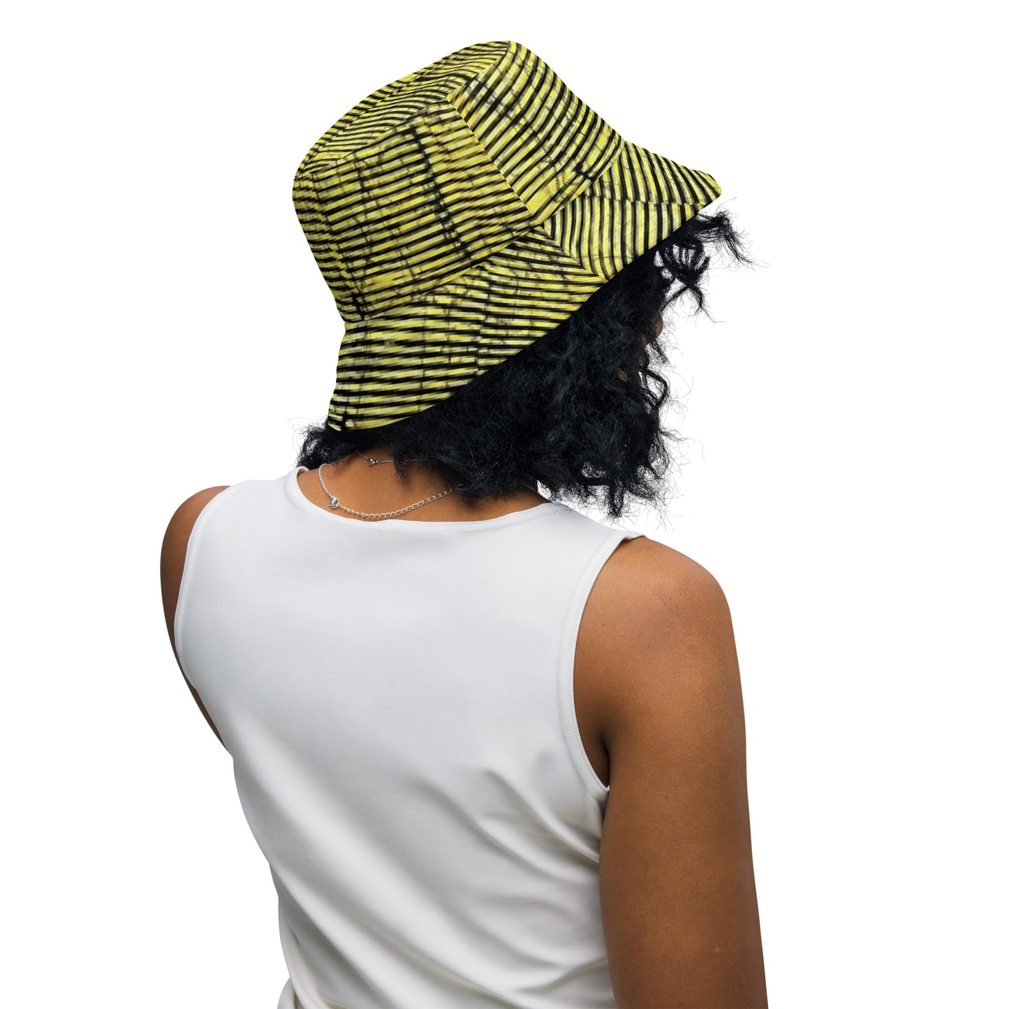 Yellow Indigo Black Swirls And Stripes Adire Reversible Bucket Hat