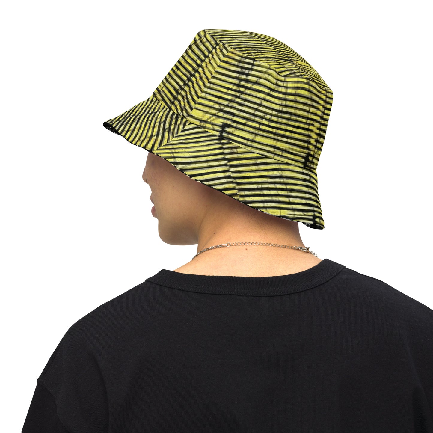 Yellow Indigo Black Swirls And Stripes Adire Reversible Bucket Hat