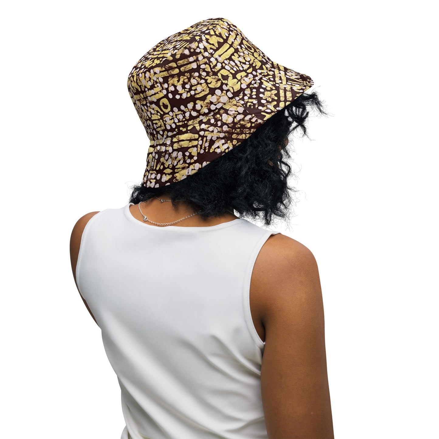 Red Blue Yellow Brown Noughts and Crosses Adire Reversible Bucket Hat