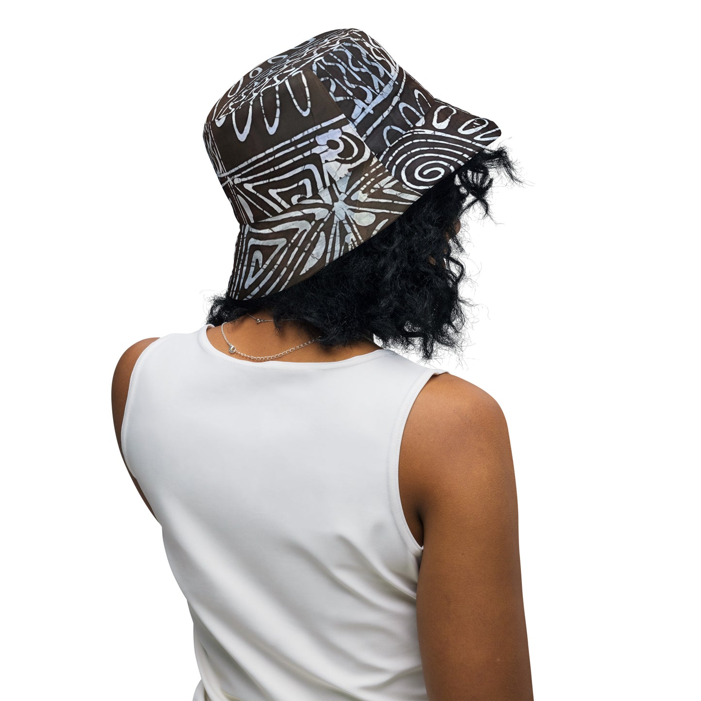 Black White Cyan Abstract Adire Reversible Bucket Hat