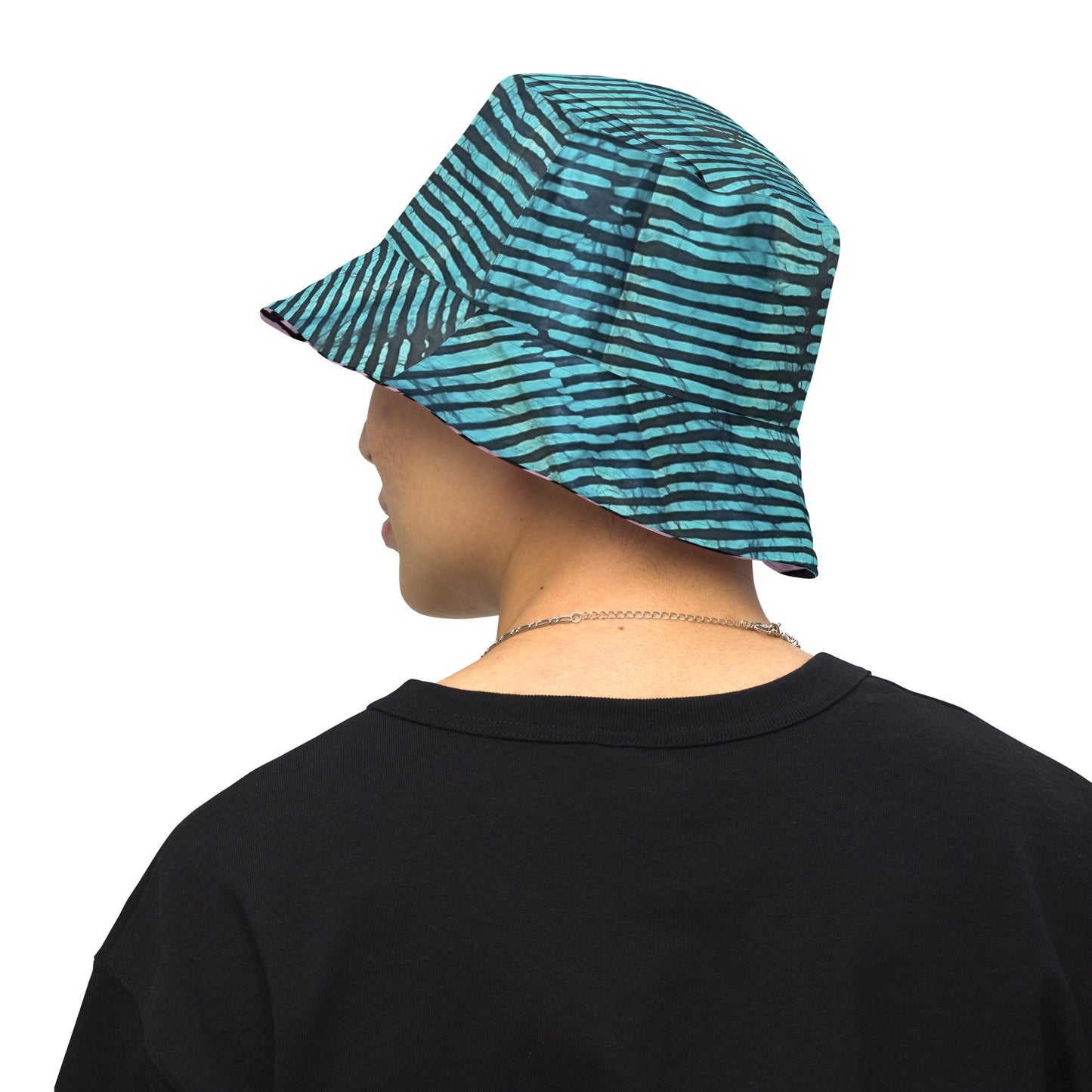 Aqua Pink Stripe Adire Reversible Bucket Hat