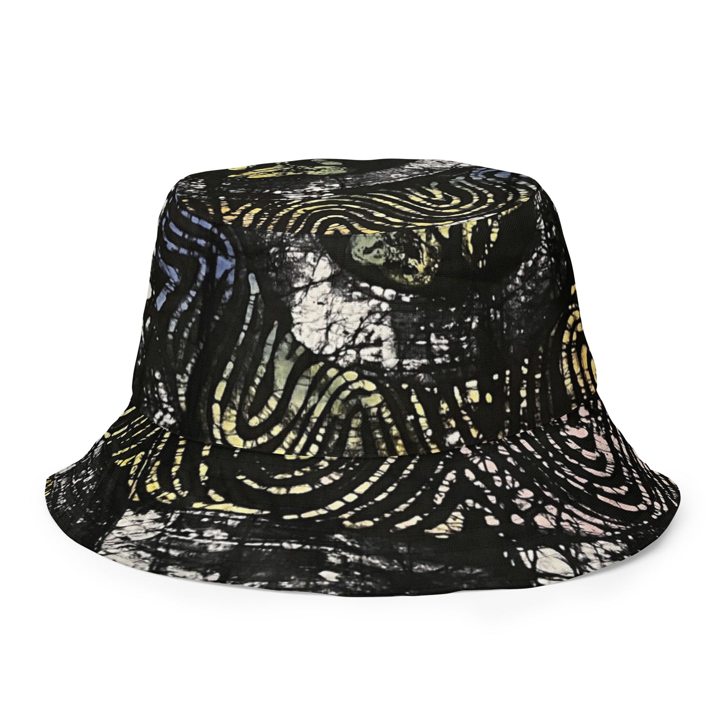 Yellow Indigo Black Swirls And Stripes Adire Reversible Bucket Hat