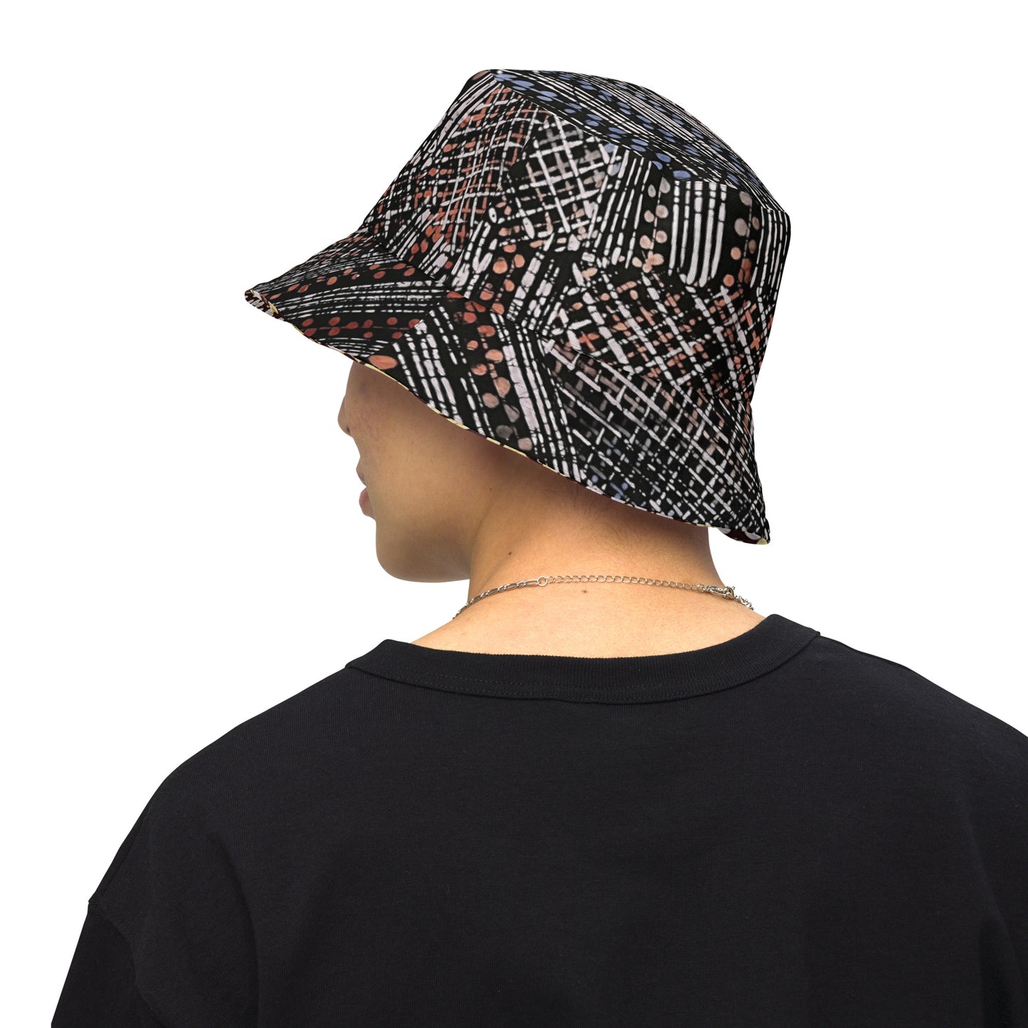 Red Blue Yellow Brown Noughts and Crosses Adire Reversible Bucket Hat