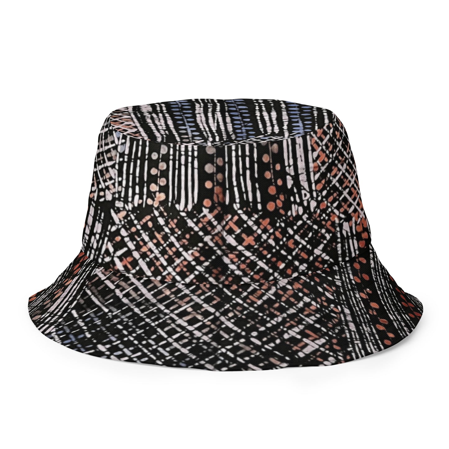 Red Blue Yellow Brown Noughts and Crosses Adire Reversible Bucket Hat