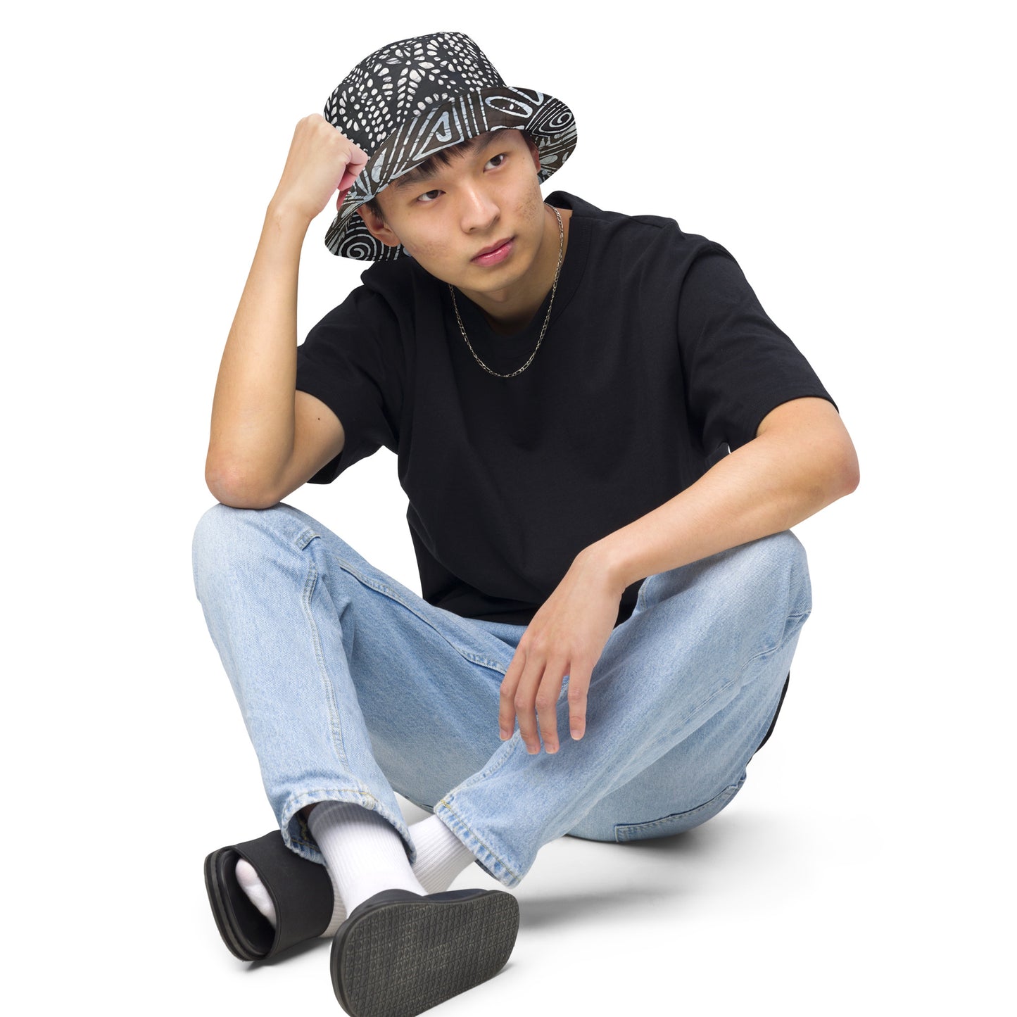 Black White Cyan Abstract Adire Reversible Bucket Hat