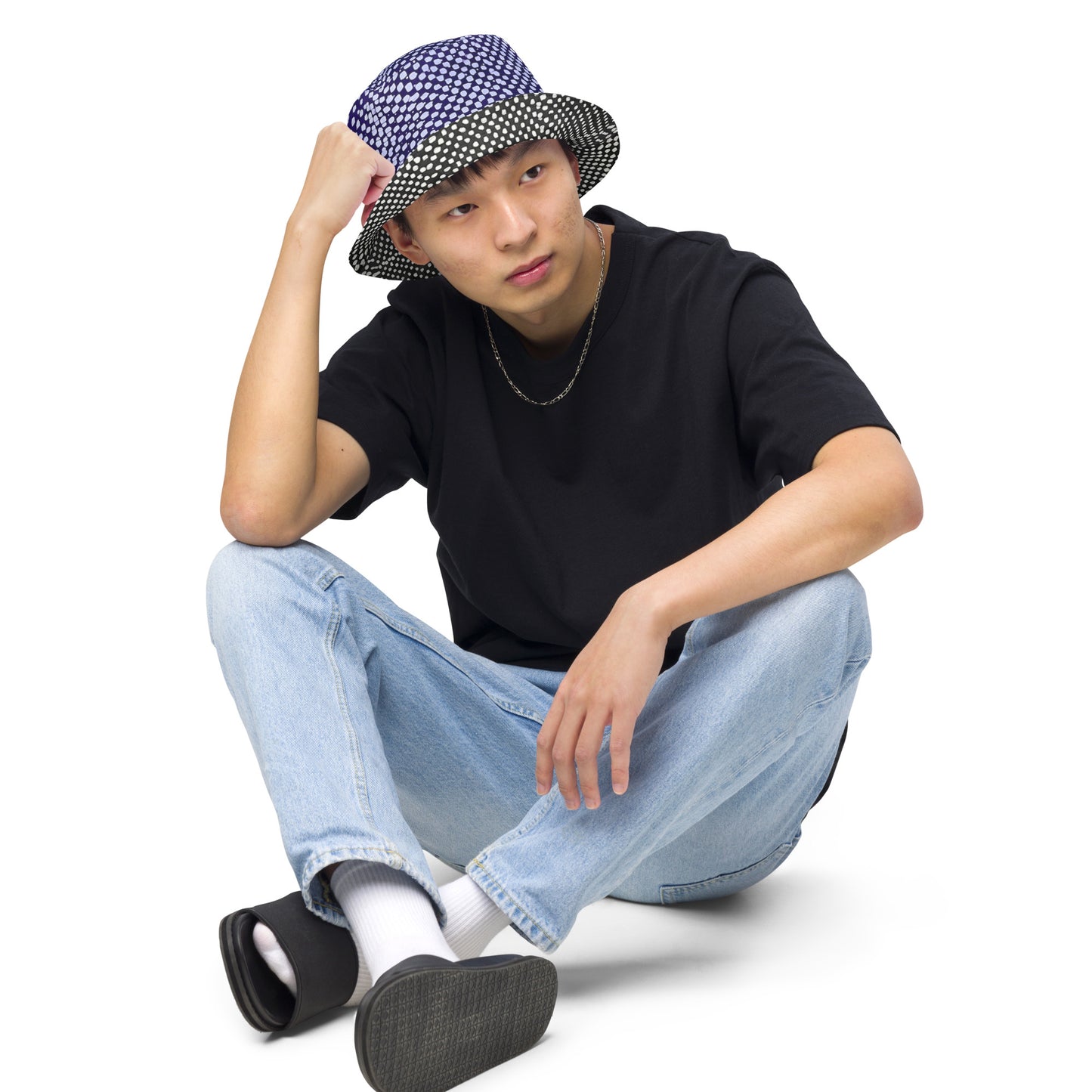 Black White Purple Polka Dot Adire Reversible Bucket Hat