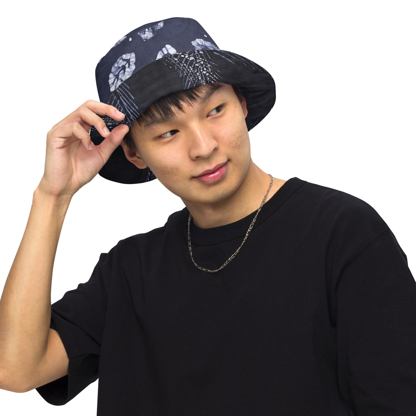 Indigo Adire Leaf Reversible Bucket Hat