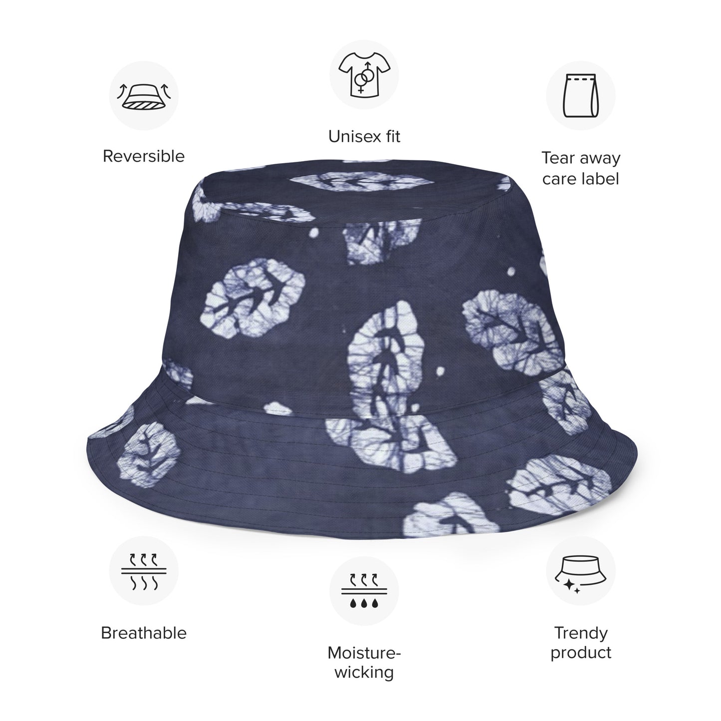 Indigo Adire Leaf Reversible Bucket Hat