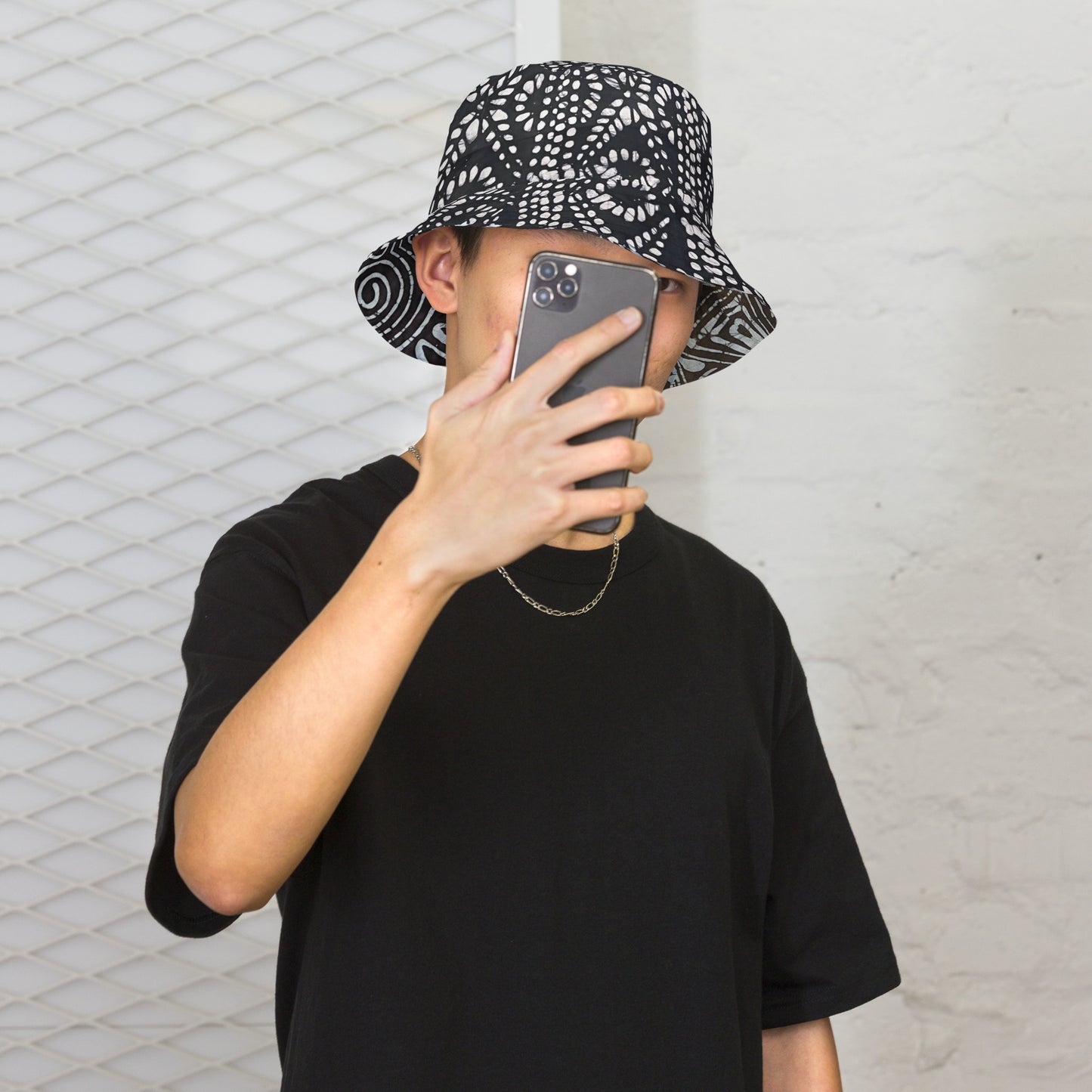 Black White Cyan Abstract Adire Reversible Bucket Hat