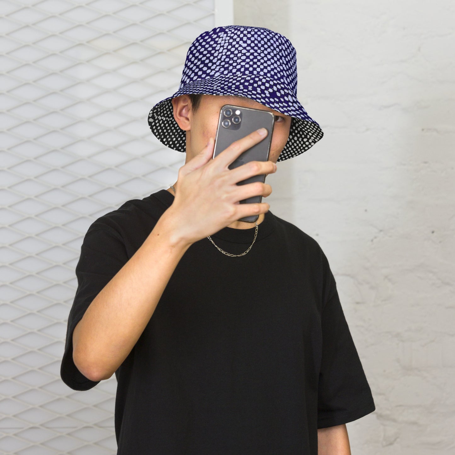 Black White Purple Polka Dot Adire Reversible Bucket Hat