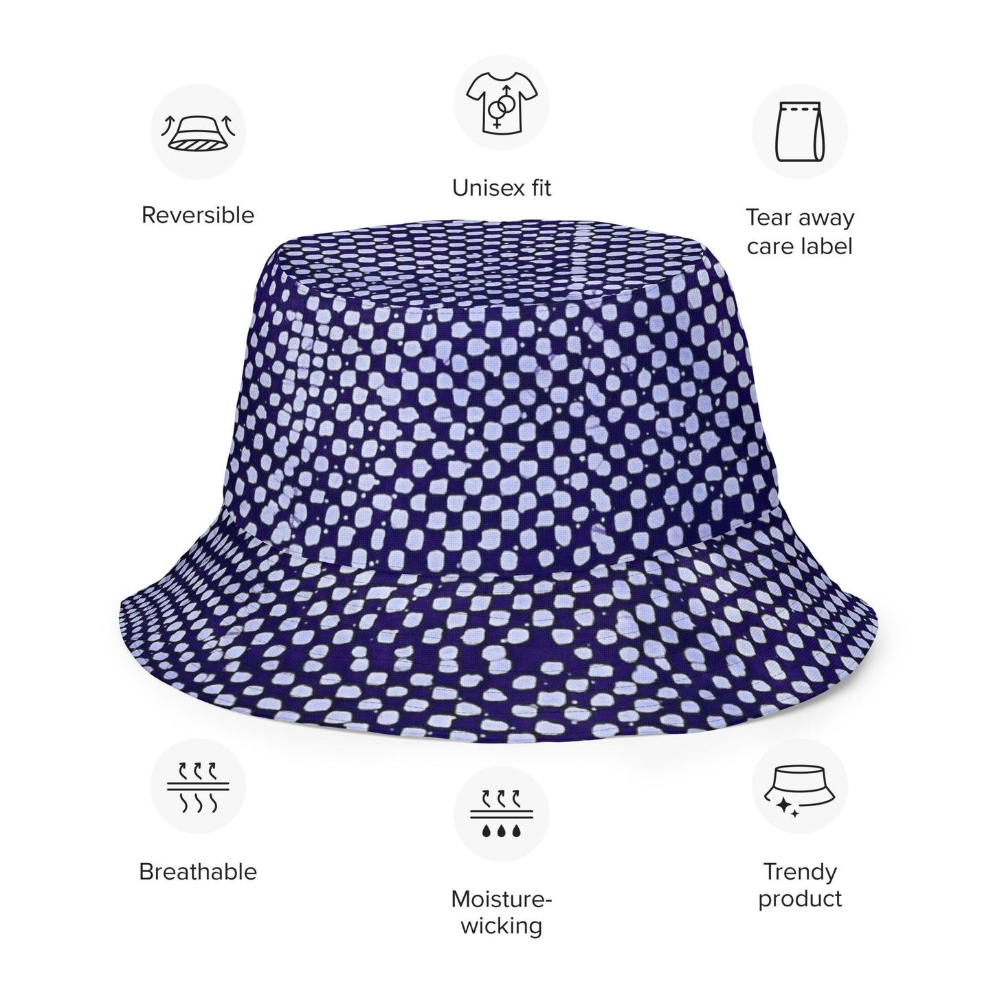 Black White Purple Polka Dot Adire Reversible Bucket Hat