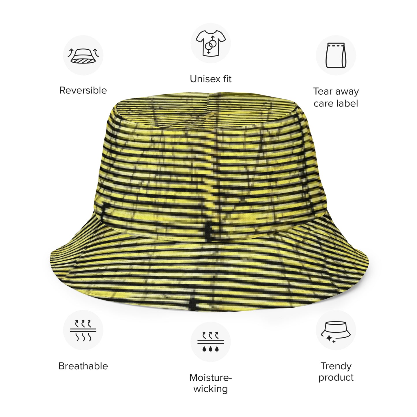 Yellow Indigo Black Swirls And Stripes Adire Reversible Bucket Hat