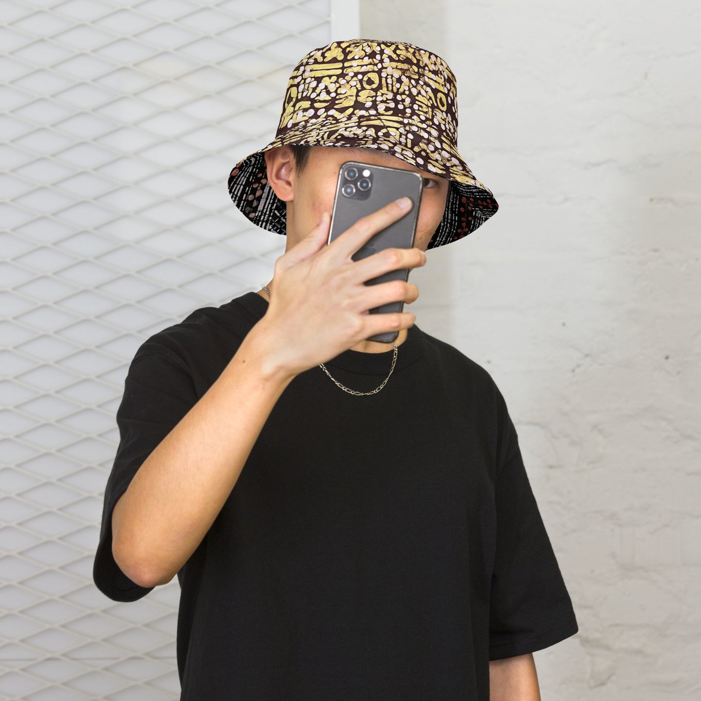 Red Blue Yellow Brown Noughts and Crosses Adire Reversible Bucket Hat