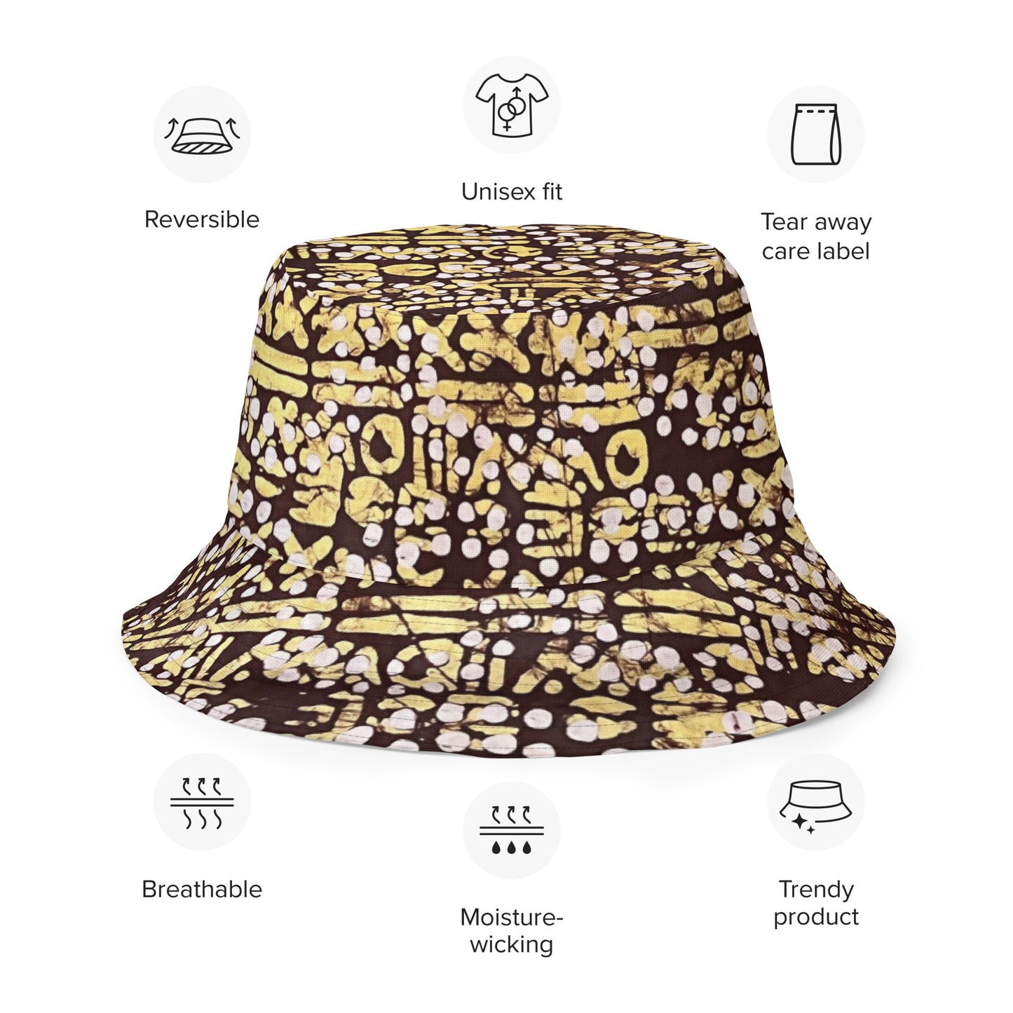 Red Blue Yellow Brown Noughts and Crosses Adire Reversible Bucket Hat