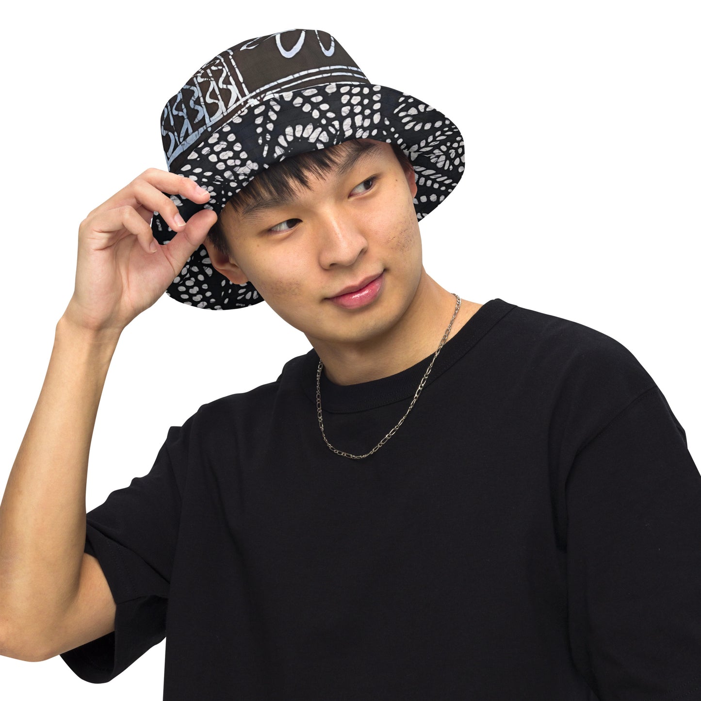 Black White Cyan Abstract Adire Reversible Bucket Hat