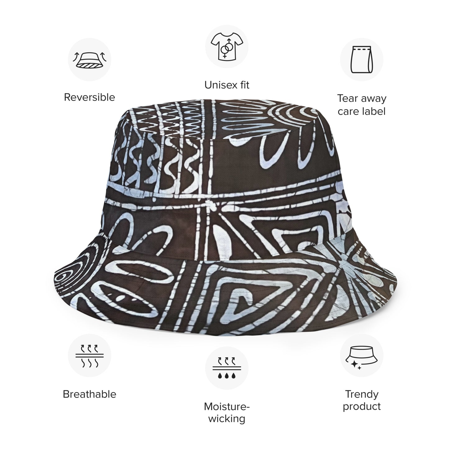 Black White Cyan Abstract Adire Reversible Bucket Hat