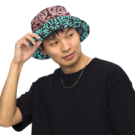 Red Green Abstract Adire Reversible Bucket Hat