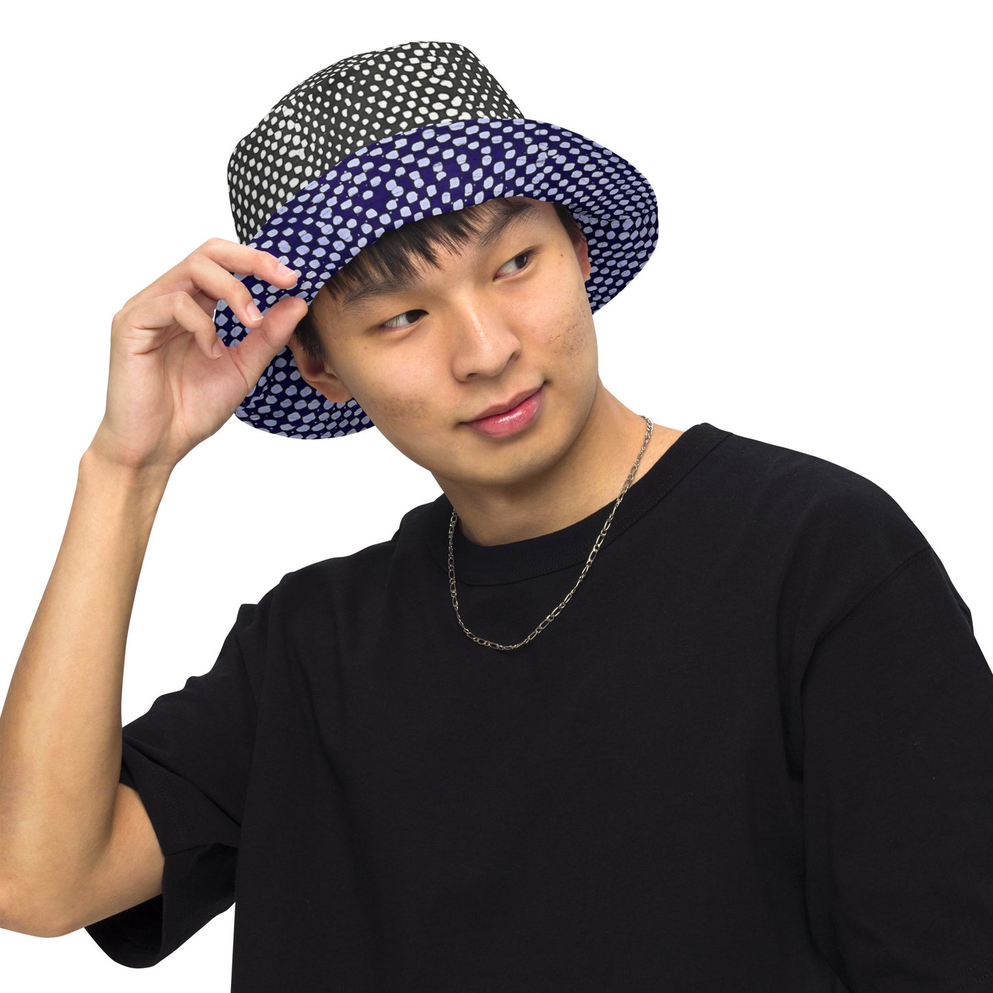 Black White Purple Polka Dot Adire Reversible Bucket Hat