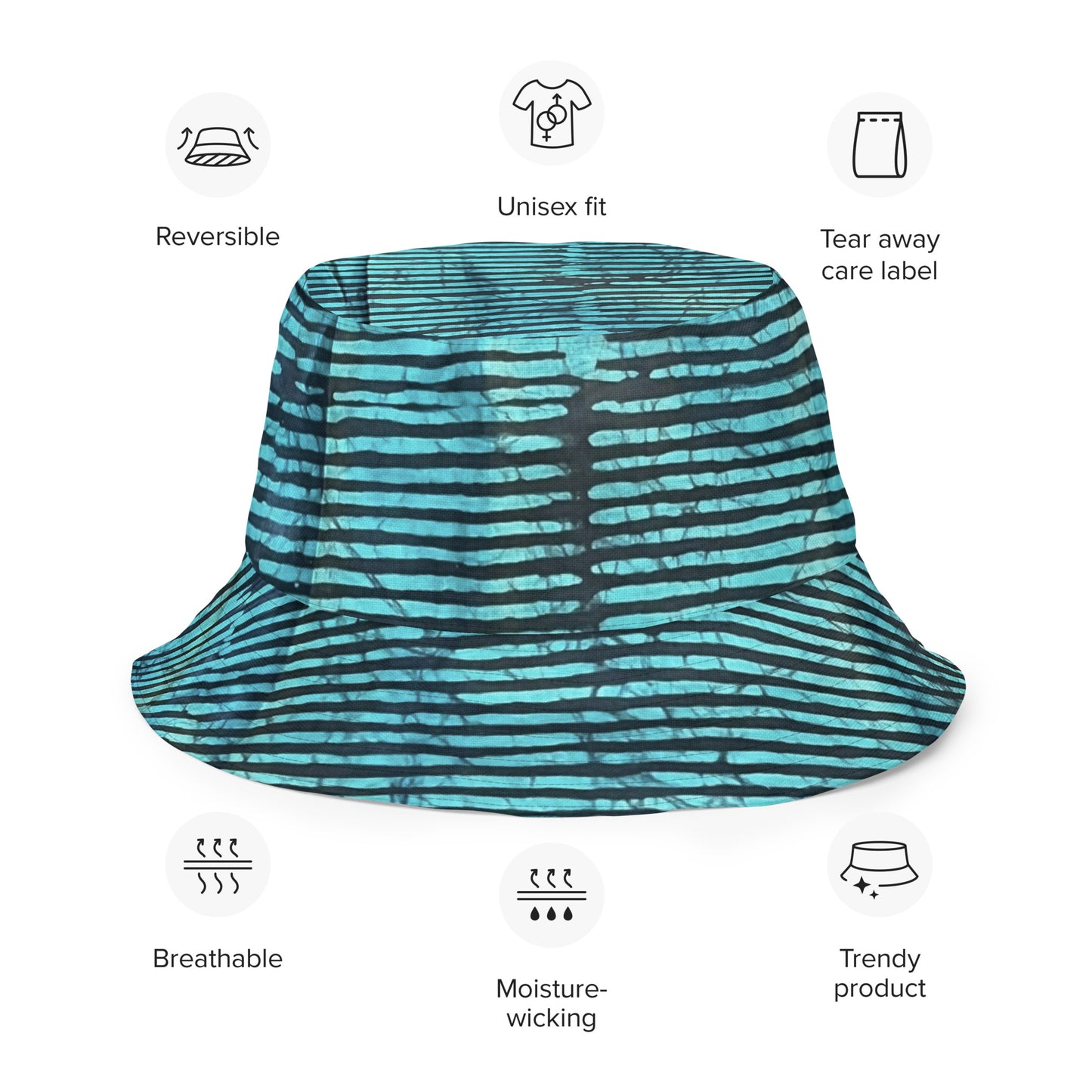 Aqua Pink Stripe Adire Reversible Bucket Hat