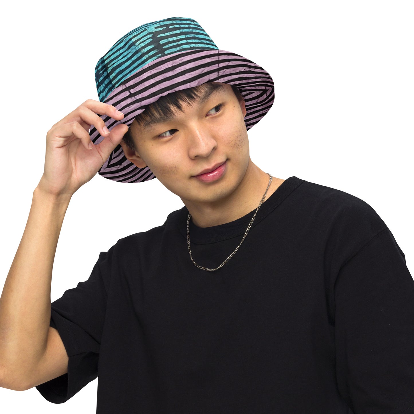 Aqua Pink Stripe Adire Reversible Bucket Hat