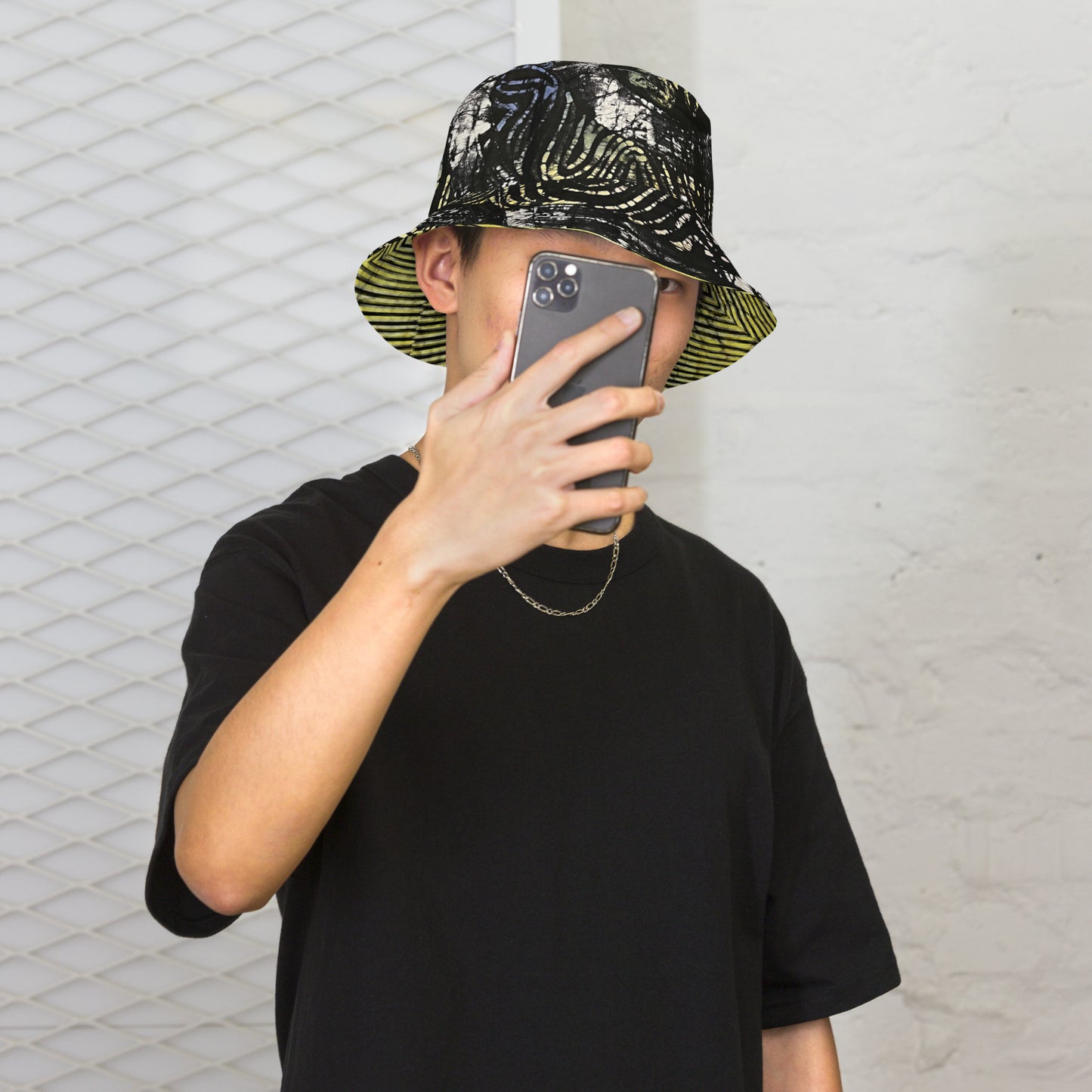 Yellow Indigo Black Swirls And Stripes Adire Reversible Bucket Hat