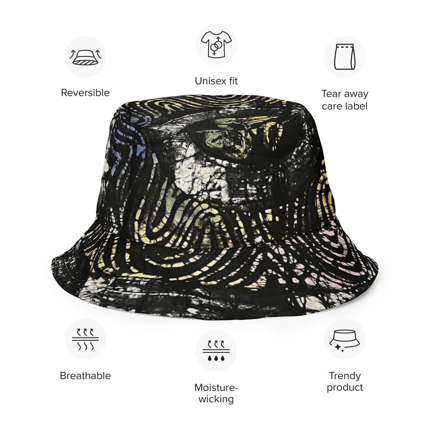 Yellow Indigo Black Swirls And Stripes Adire Reversible Bucket Hat