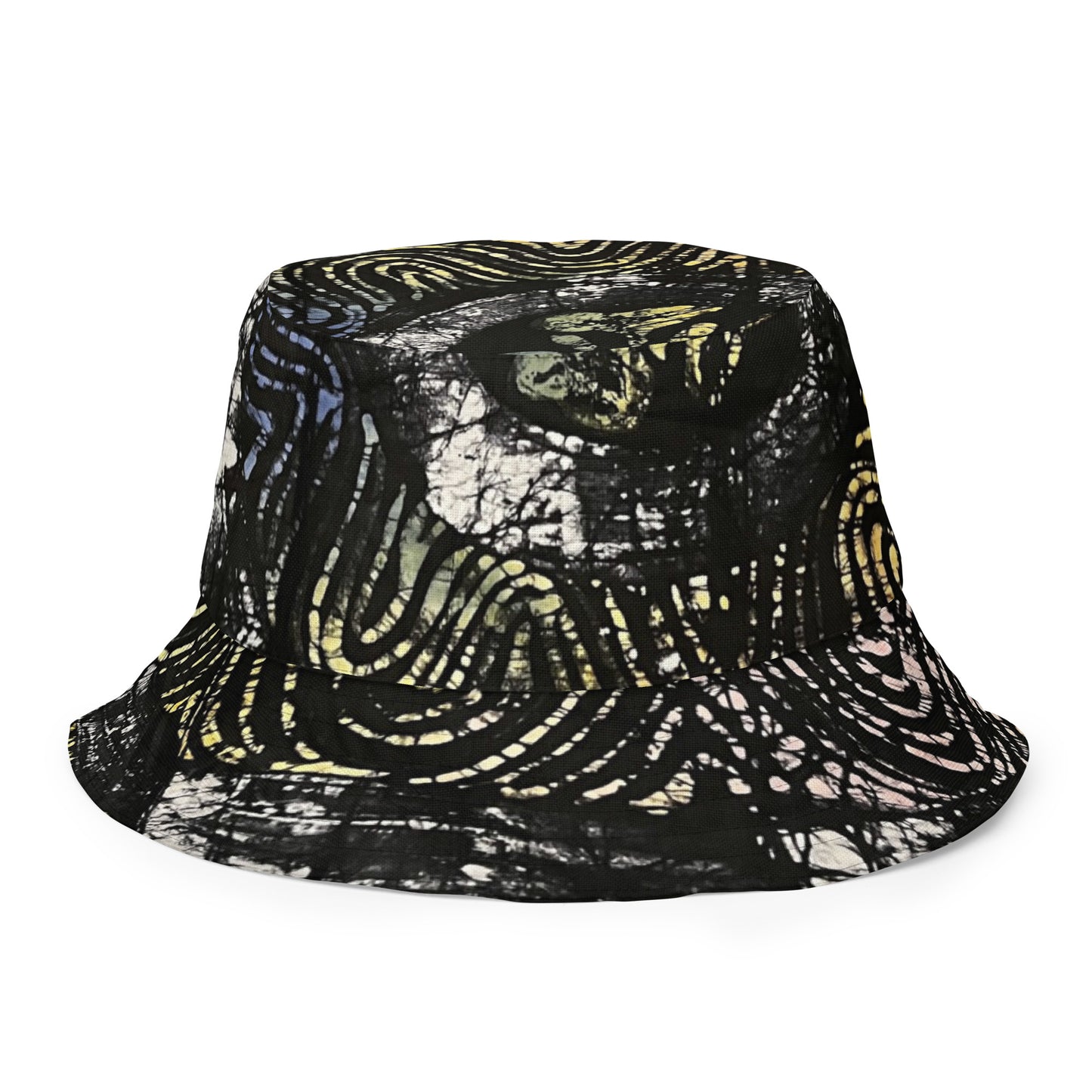 Yellow Indigo Black Swirls And Stripes Adire Reversible Bucket Hat