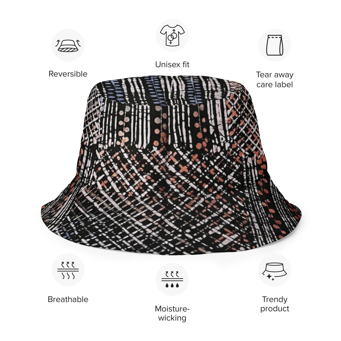 Red Blue Yellow Brown Noughts and Crosses Adire Reversible Bucket Hat