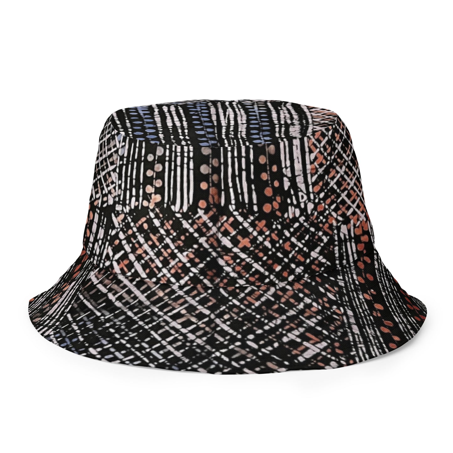 Red Blue Yellow Brown Noughts and Crosses Adire Reversible Bucket Hat