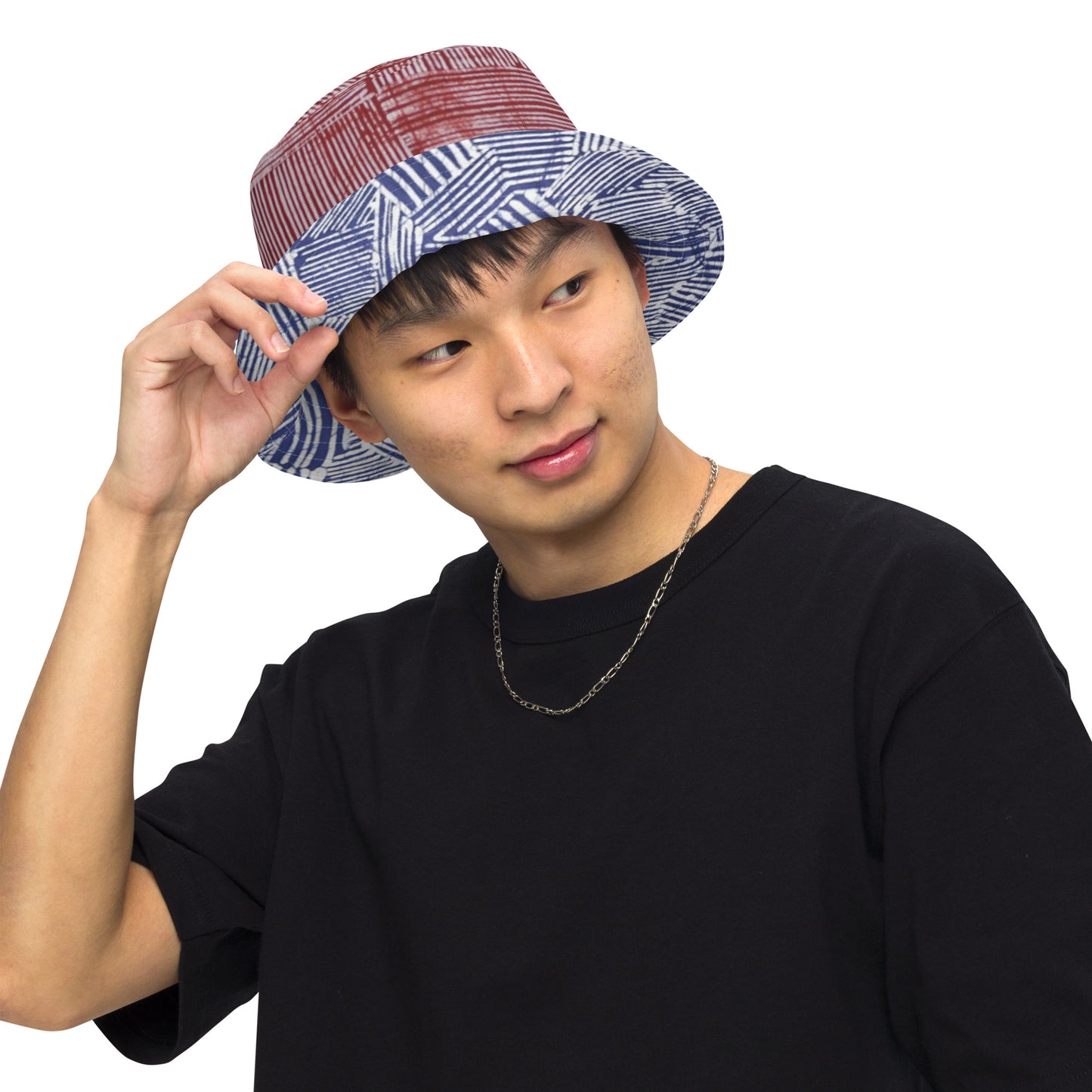 Red White Blue Stripe Adire Reversible Bucket Hat