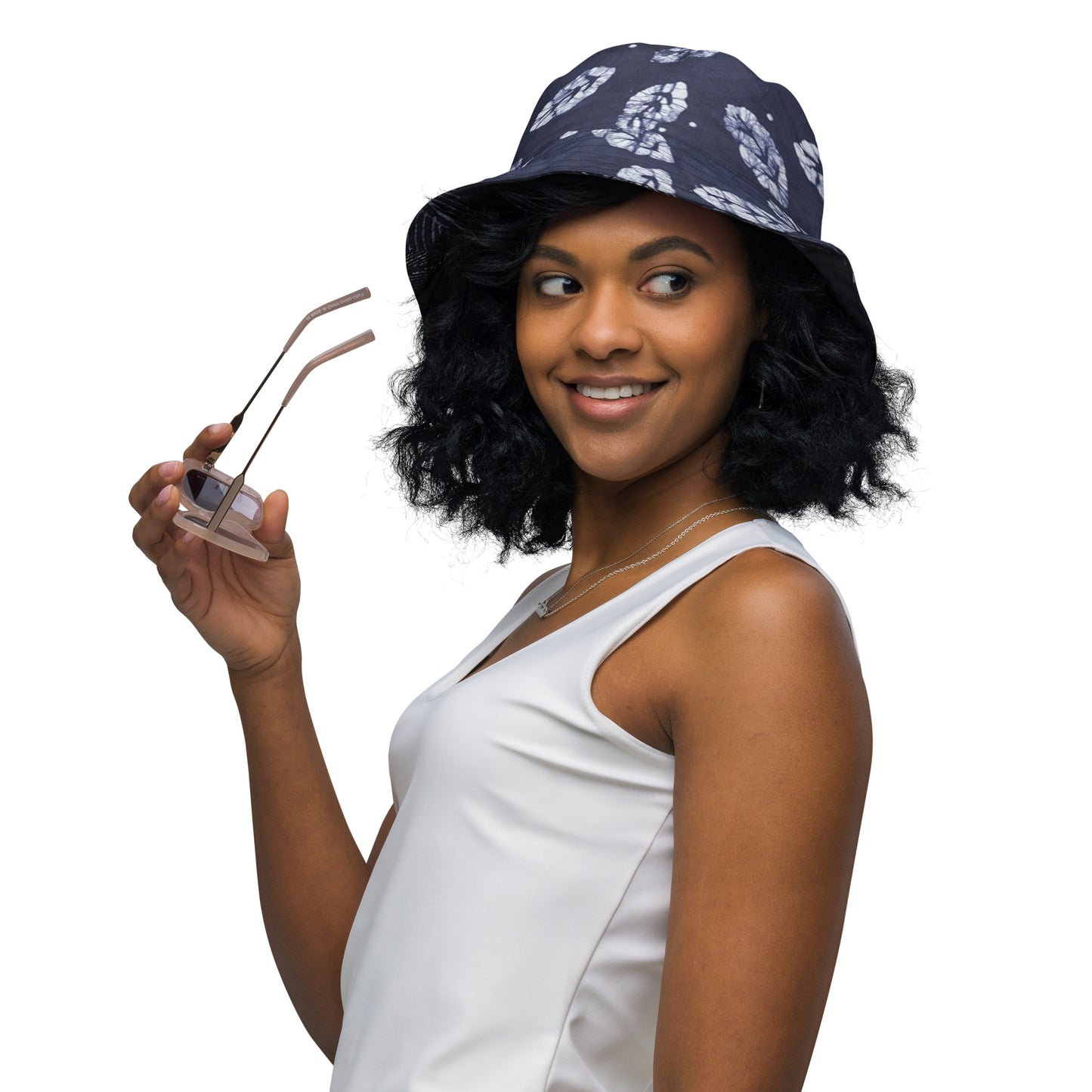 Indigo Adire Leaf Reversible Bucket Hat