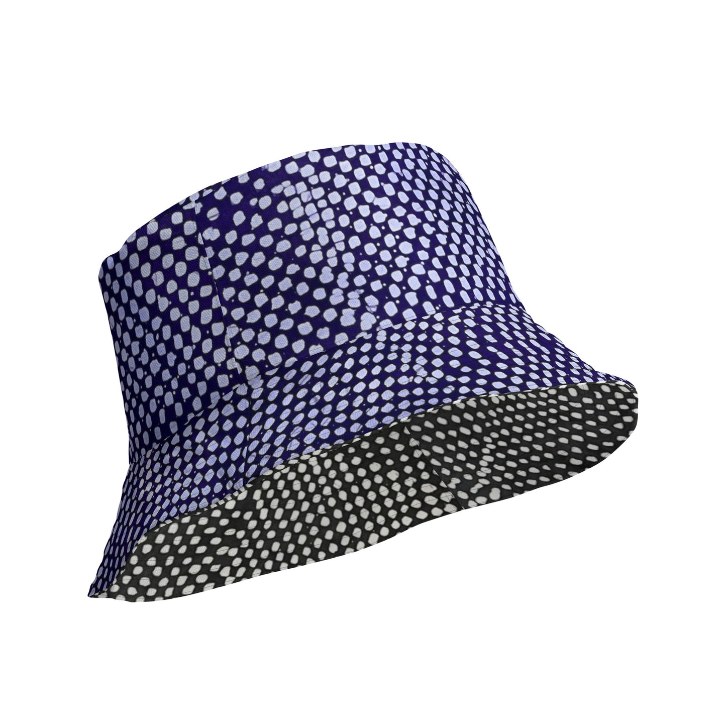 Black White Purple Polka Dot Adire Reversible Bucket Hat