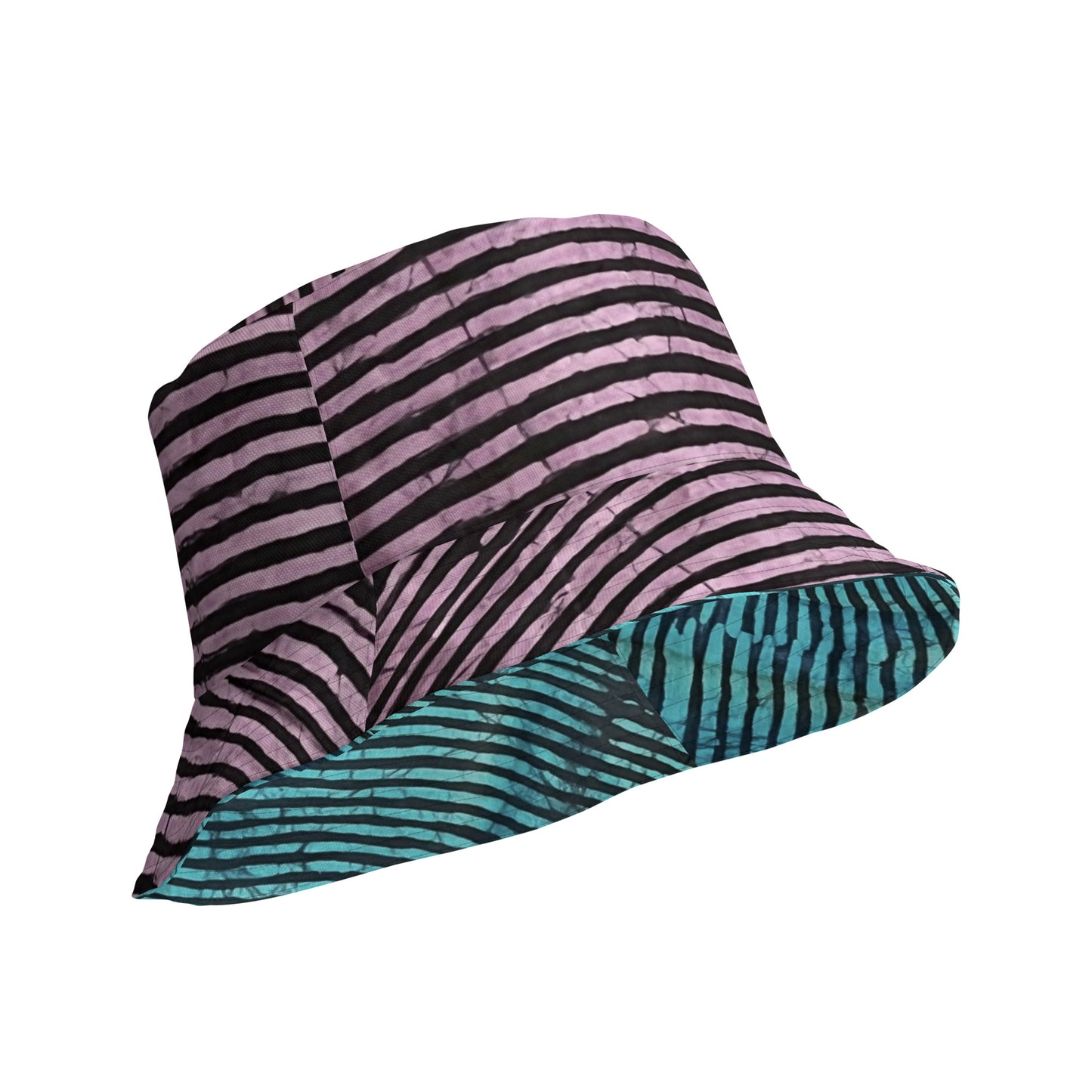 Aqua Pink Stripe Adire Reversible Bucket Hat